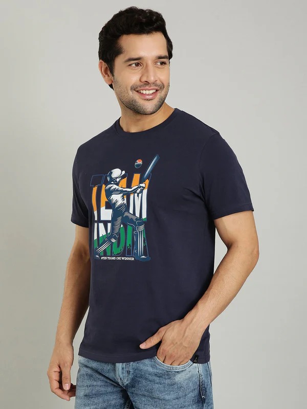 Indian Terrain Men's Half Sleeve Regular Fit Dark Blue Round Neck T-Shirt